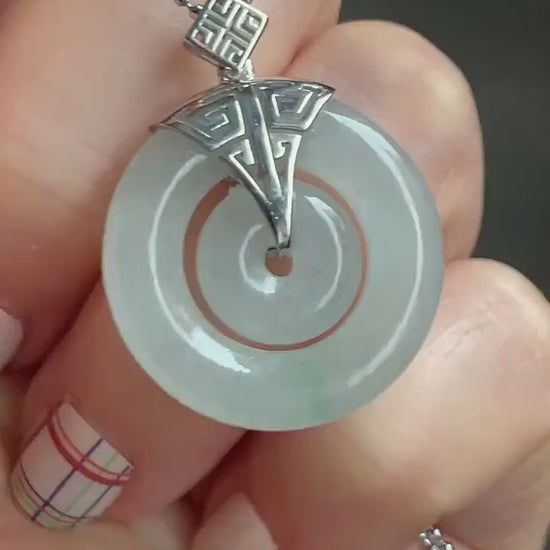 Certified Natural Burmese Icy Translucent White Jadeite w/ Green Marbling Mother-Child Ping An Kou Pendant Sterling Silver 天然缅甸冰飘花翡翠子母扣吊坠