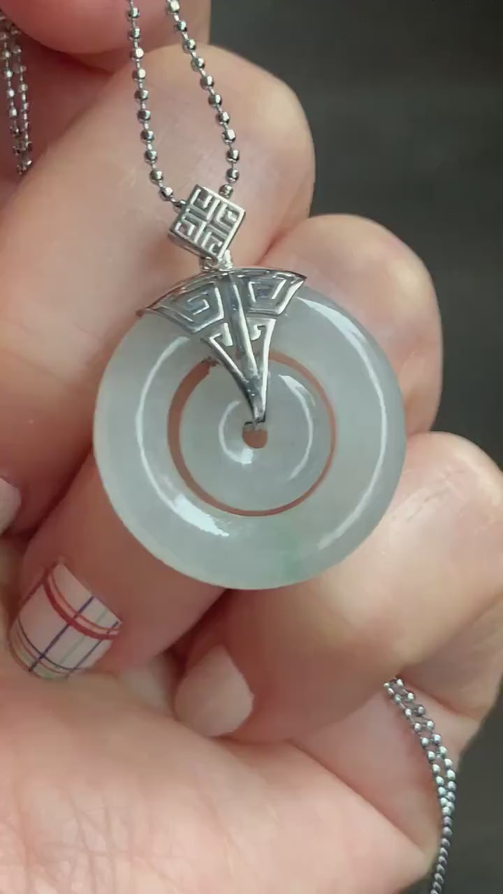 Certified Natural Burmese Icy Translucent White Jadeite w/ Green Marbling Mother-Child Ping An Kou Pendant Sterling Silver 天然缅甸冰飘花翡翠子母扣吊坠
