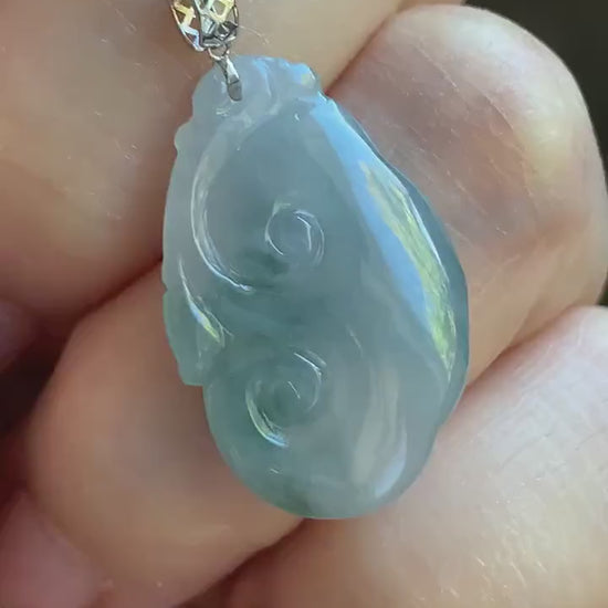 Petite Natural Burmese Icy Translucent Gelatinous Light Purple Teal Blue Marbled Jadeite Carved Ruyi Pendant 18K White Gold 天然缅甸淡冰紫飘花翡翠如意吊坠