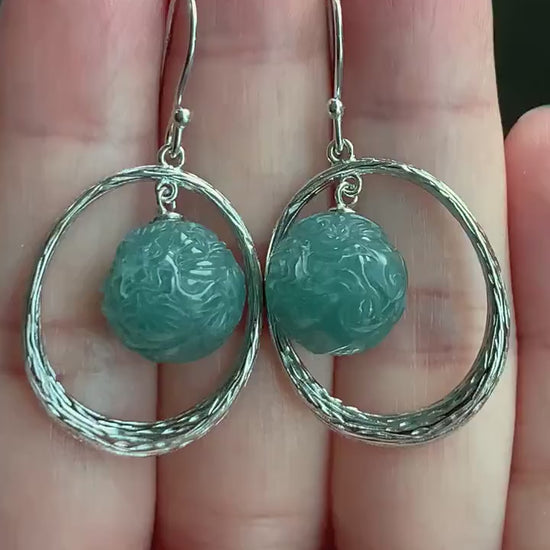 Natural Guatemalan Icy Translucent Teal Blue Jadeite Carved Dragon Ball Sphere Dangle Earrings Sterling Silver 9g 天然冰危蓝水翡翠龙珠银耳钩