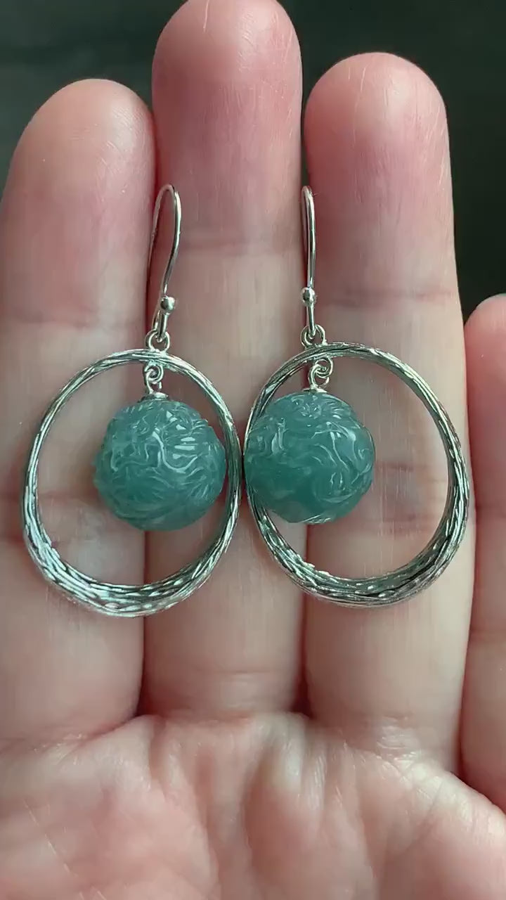 Natural Guatemalan Icy Translucent Teal Blue Jadeite Carved Dragon Ball Sphere Dangle Earrings Sterling Silver 9g 天然冰危蓝水翡翠龙珠银耳钩