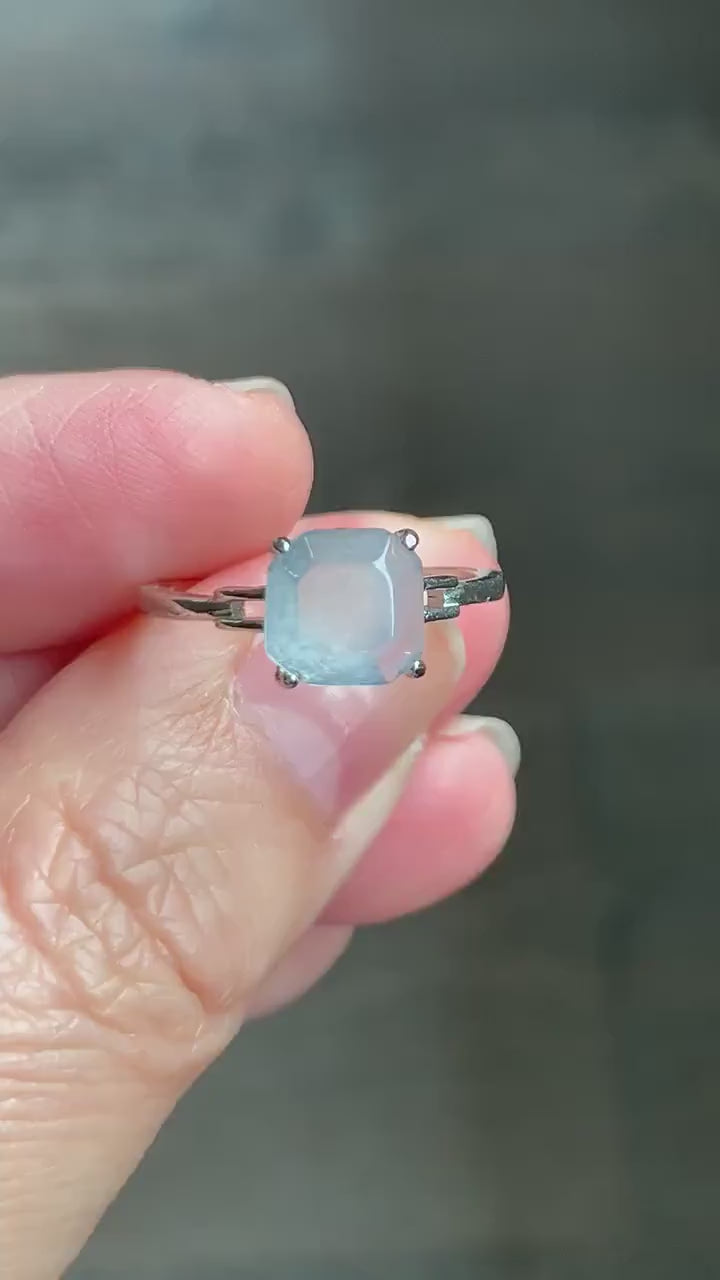 Stunning Natural Burmese Garde A Icy White Highly Translucent Faceted Jadeite Ring S925 Sterling Silver Adjustable 天然缅甸正白冰切割面翡翠银镶戒指 MBQ78
