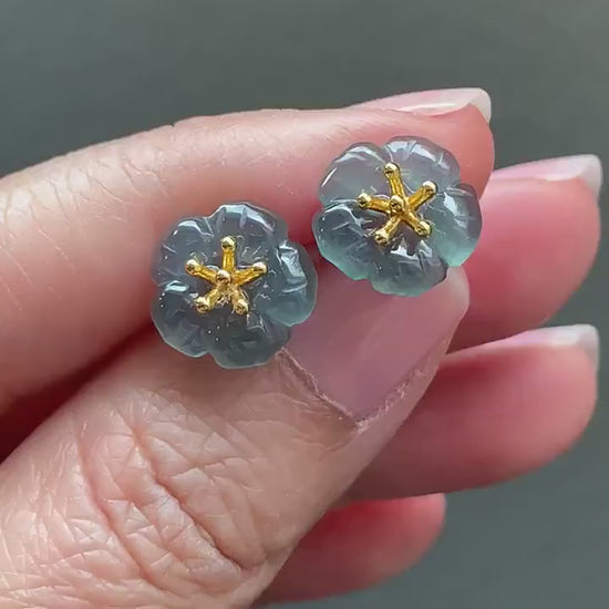 Natural Guatemalan Icy Highly Translucent Gelatinous Deep Indigo Blue Jadeite Cherry Blossom Stud Earring Sterling Silver 天然高冰危蓝翡翠梅花银镶耳钉