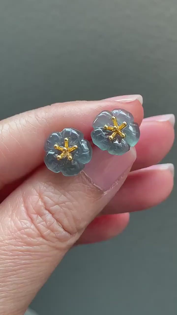 Natural Guatemalan Icy Highly Translucent Gelatinous Deep Indigo Blue Jadeite Cherry Blossom Stud Earring Sterling Silver 天然高冰危蓝翡翠梅花银镶耳钉