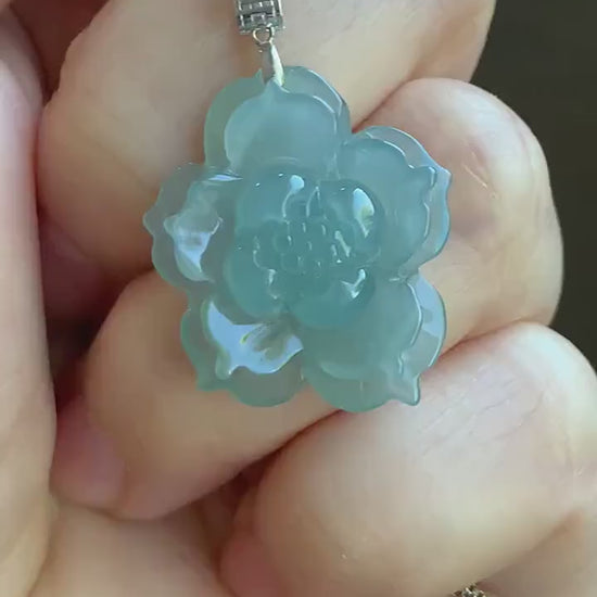 Natural Guatemalan Icy Highly Translucent Icy Light Blue Jadeite Carved 3D Lotus Flower Pendant 18K White Gold Bail 天然冰危淡蓝翡翠精工雕莲花镶嵌吊坠