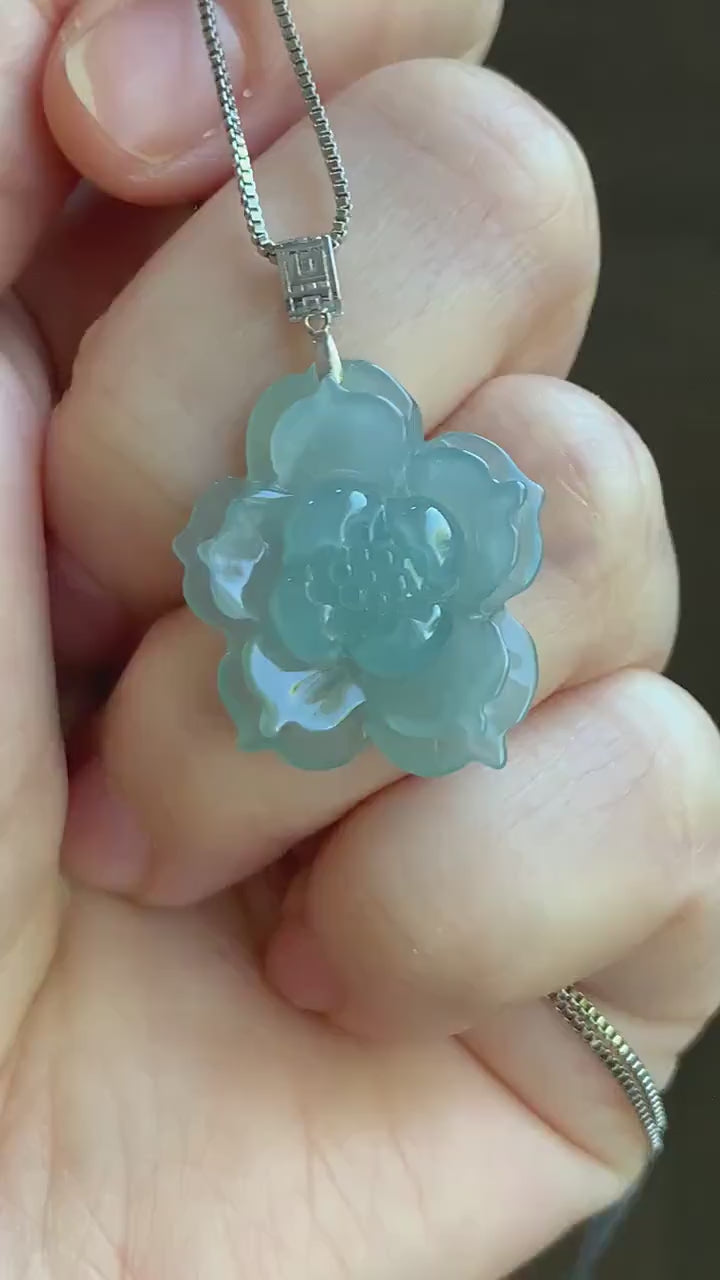 Natural Guatemalan Icy Highly Translucent Icy Light Blue Jadeite Carved 3D Lotus Flower Pendant 18K White Gold Bail 天然冰危淡蓝翡翠精工雕莲花镶嵌吊坠