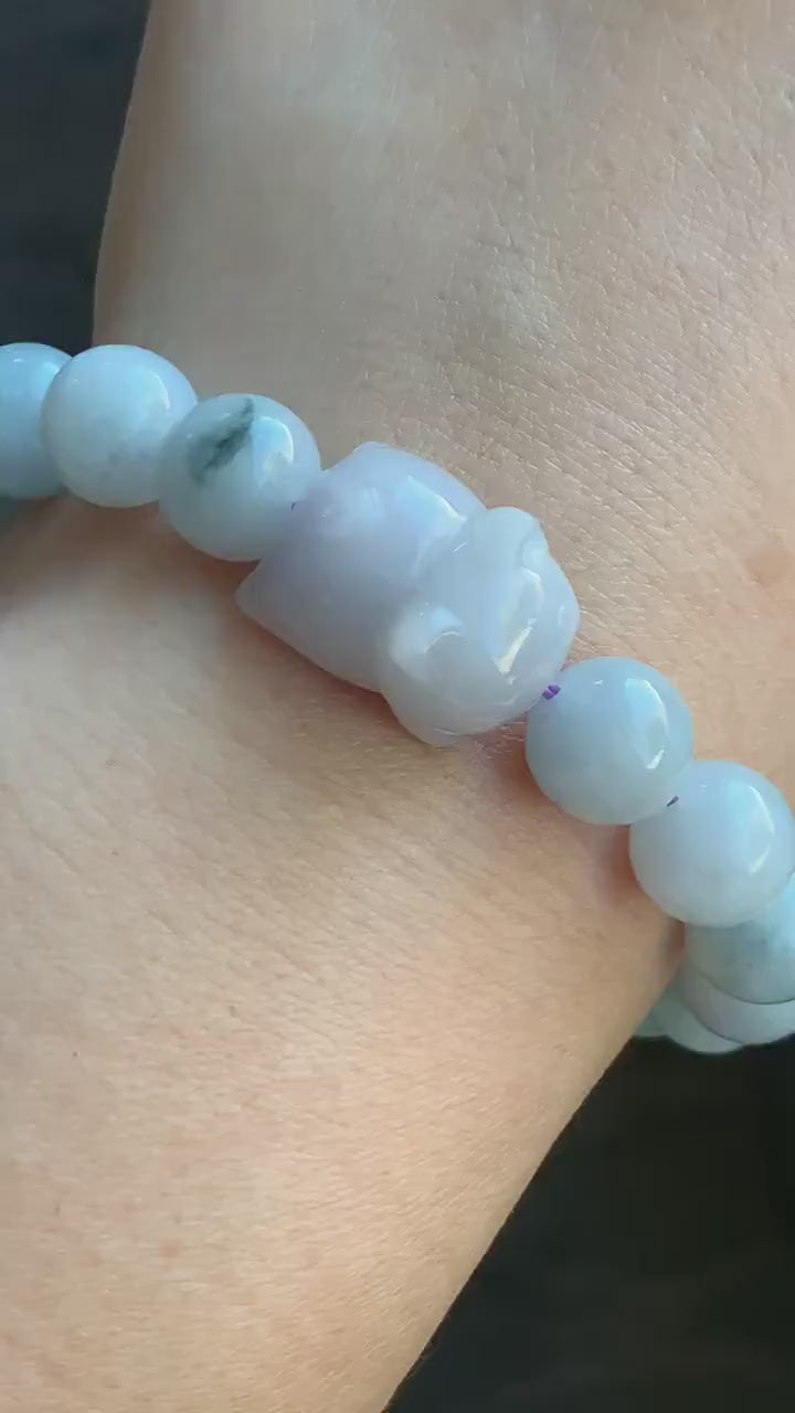 LARGE Natural Burmese A Graded Icy Green Marbled Jadeite Beads Pudgy Cat Jadeite Charm Beaded Bracelet 10mm 6.75” 36g 天然缅甸大卡飘花翡翠猫咪珠手串 11724