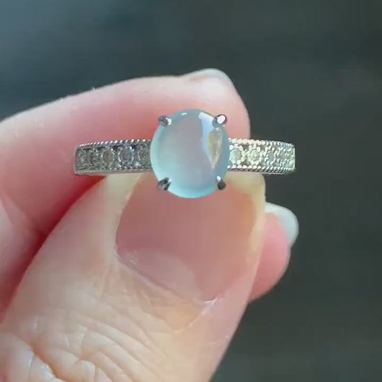Natural Burmese Icy Highly Translucent Gelatinous White Jadeite Ring Sterling Silver Size 7 Adjustable 天然缅甸白冰翡翠蛋面银镶戒指 221A