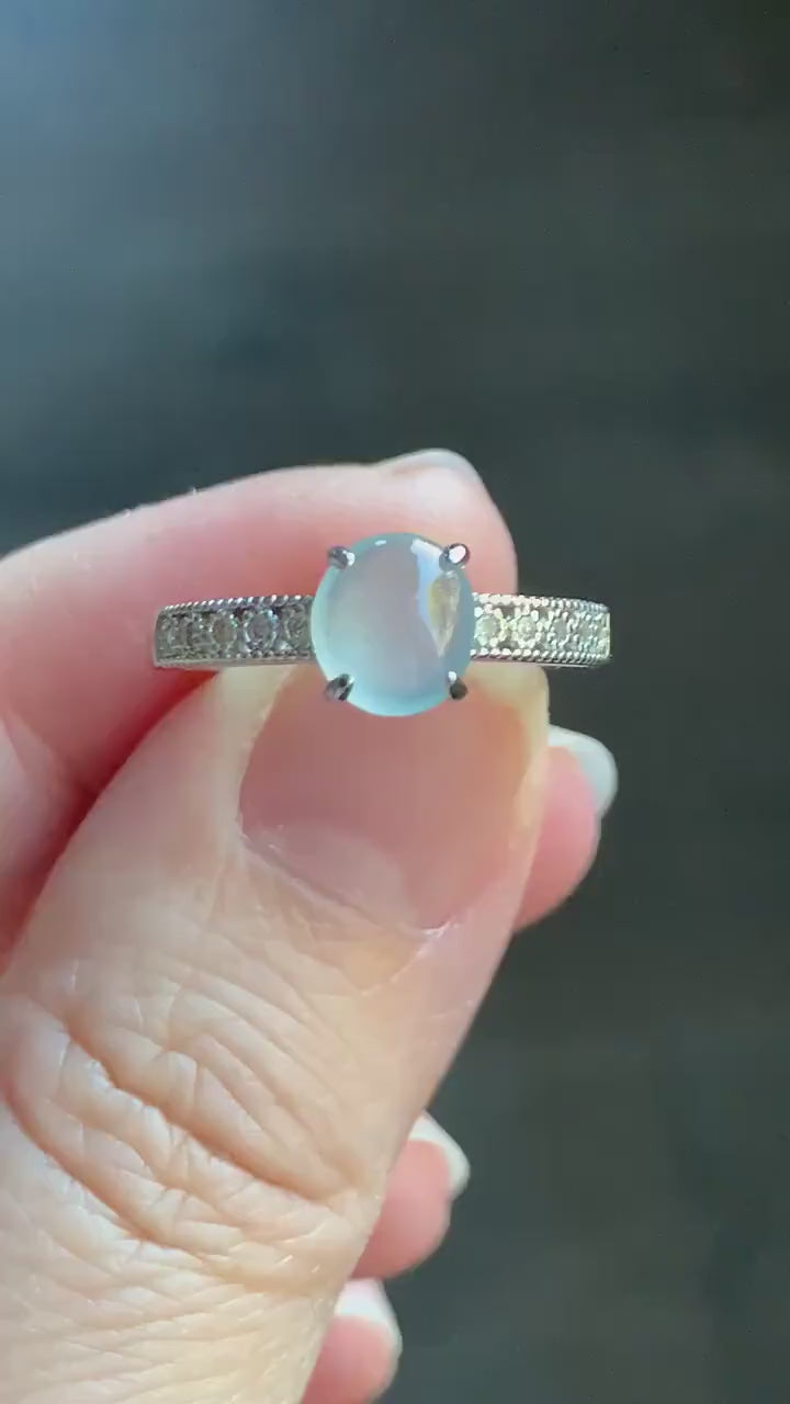 Natural Burmese Icy Highly Translucent Gelatinous White Jadeite Ring Sterling Silver Size 7 Adjustable 天然缅甸白冰翡翠蛋面银镶戒指 221A