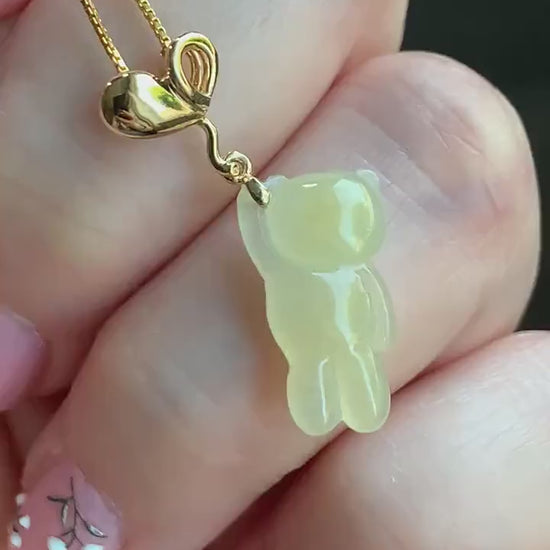 Certified Natural Burmese Icy Translucent Gelatinous Yellow Jadeite Terry Bear w/ Heart Balloon Pendant 18K Yellow Gold 天然缅甸冰胶翡翠小熊爱心气球吊坠 940