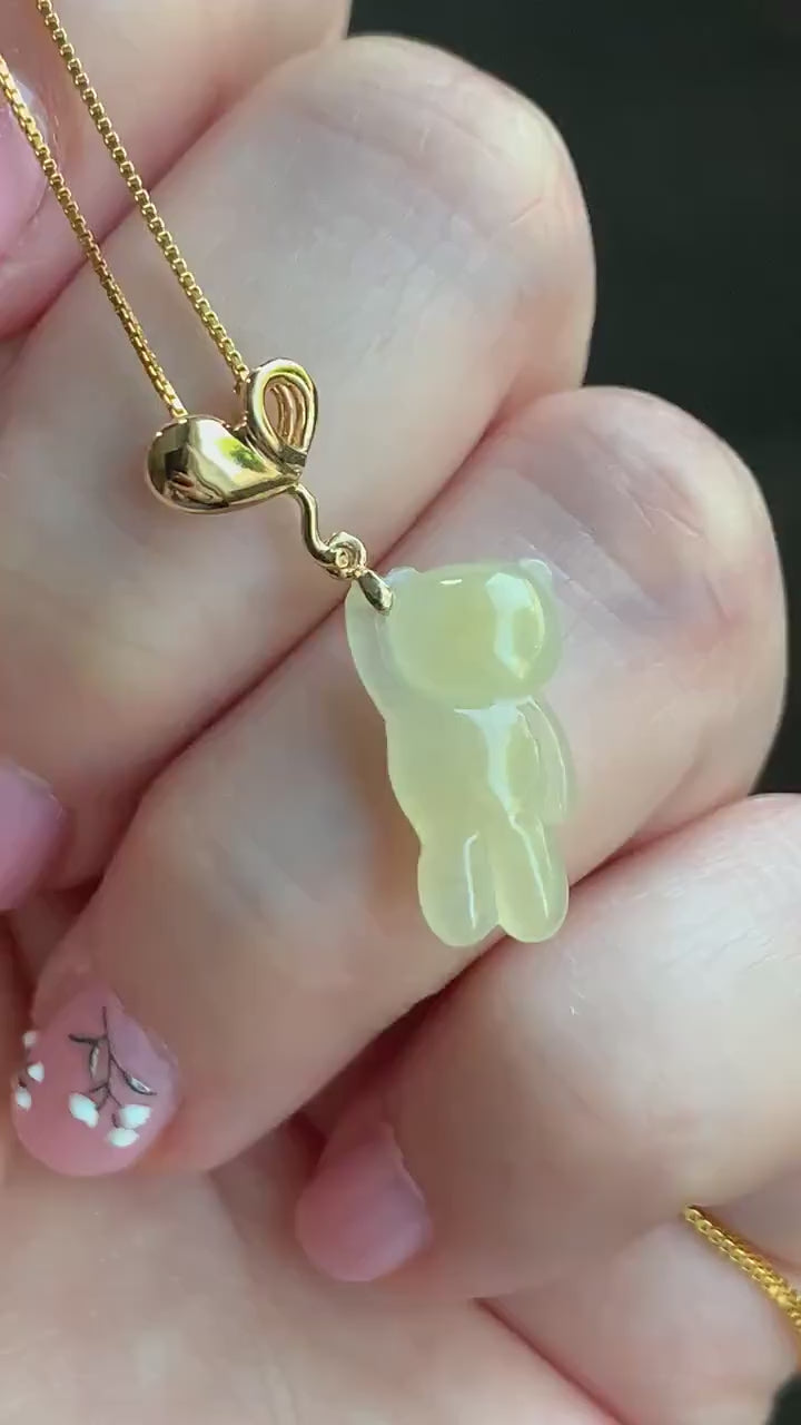 Certified Natural Burmese Icy Translucent Gelatinous Yellow Jadeite Terry Bear w/ Heart Balloon Pendant 18K Yellow Gold 天然缅甸冰胶翡翠小熊爱心气球吊坠 940