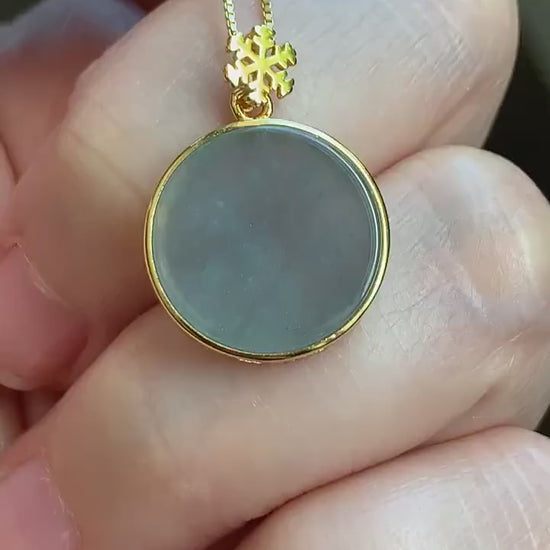 Natural Guatemalan Icy Highly Translation Light Blue Jadeite Round Wu Shi Pai Pendant Sterling Silver Yellow Gold Finish 天然冰危浅蓝翡翠无事牌镶嵌吊坠 A