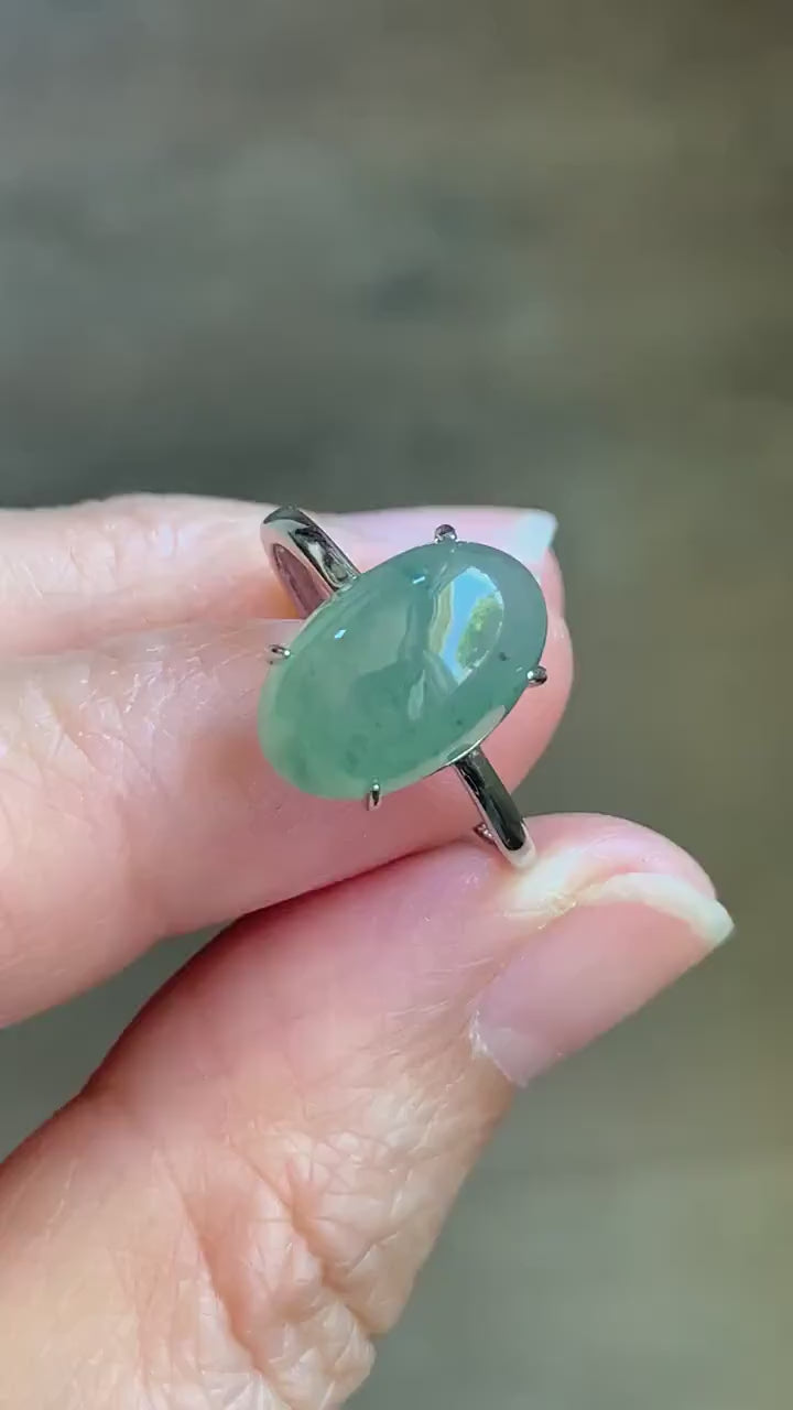 Natural Burmese Icy Translucent Gelatinous Light Green Jadeite Oval Cabochon Solitaire Ring Sterling Silver Adjustable 天然缅甸冰晴绿翡翠银镶戒指 MQ80
