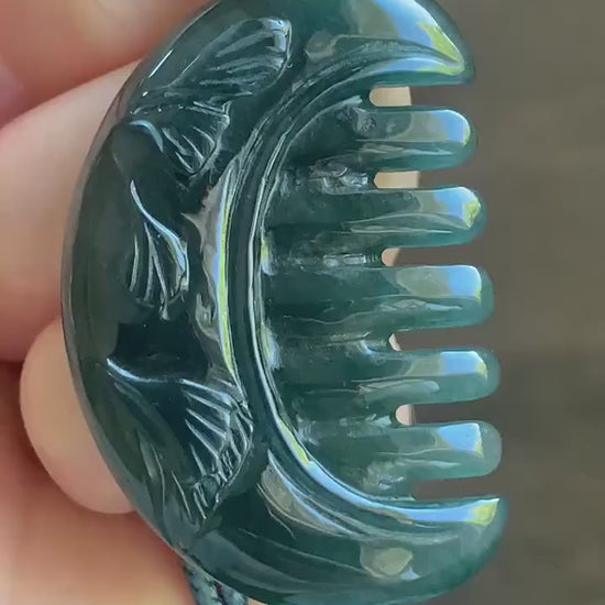 Natural Guatemalan Icy Translucent Dark Teal Blue Jadeite Comb with Ginkgo Leaves Pendant Rope Necklace Sterling Silver 25” 天然冰危深蓝翡翠银杏叶梳子吊坠