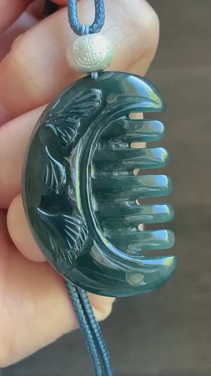 Natural Guatemalan Icy Translucent Dark Teal Blue Jadeite Comb with Ginkgo Leaves Pendant Rope Necklace Sterling Silver 25” 天然冰危深蓝翡翠银杏叶梳子吊坠