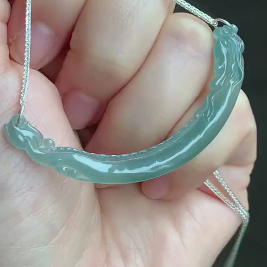 Natural Guatemalan Icy Highly Translucent Light Teal Blue Dragon Crescent Pendant 999 Sterling Silver Necklace 20” 天然起冰起光危晴蓝翡翠仿古龙玉横足银项链