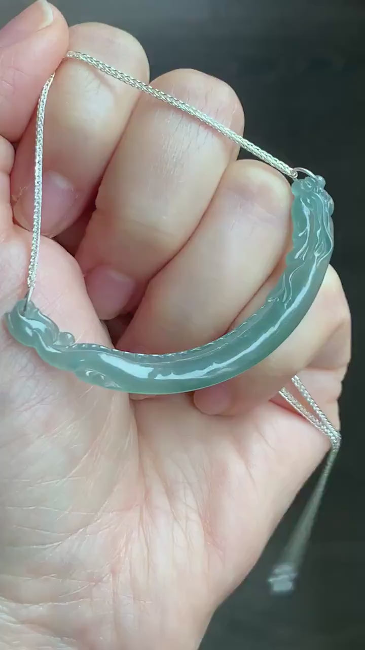 Natural Guatemalan Icy Highly Translucent Light Teal Blue Dragon Crescent Pendant 999 Sterling Silver Necklace 20” 天然起冰起光危晴蓝翡翠仿古龙玉横足银项链