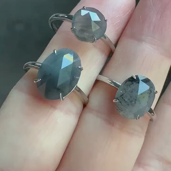 Natural Burmese Icy Translucent Wuji Diamond Faceted Jadeite Cabochon Ring Sterling Silver Size 7 Adjustable 天然缅甸冰乌鸡翡翠钻石切割面蛋面银镶戒指 MWJQ60