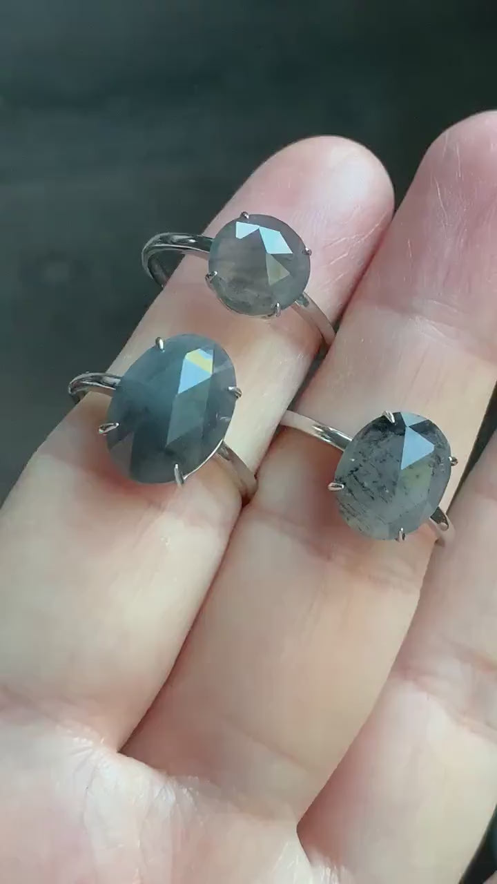 Natural Burmese Icy Translucent Wuji Diamond Faceted Jadeite Cabochon Ring Sterling Silver Size 7 Adjustable 天然缅甸冰乌鸡翡翠钻石切割面蛋面银镶戒指 MWJQ60