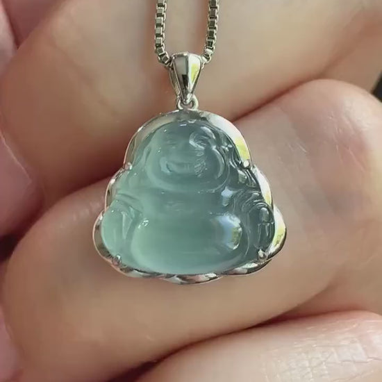 Certified Natural Guatemalan Icy Highly Translucent Light Teal Blue Jadeite Buddha Petite Pendant Sterling Silver 天然老种高冰危蓝绿翡翠起光佛公镶嵌吊坠 3023
