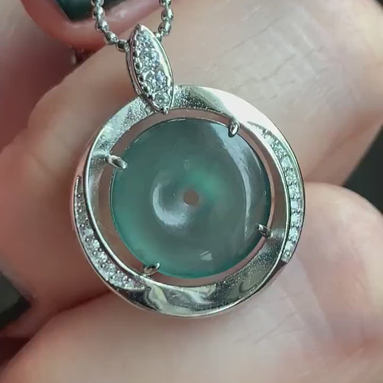 Natural Guatemalan Icy Translucent Teal Blue Jadeite Mini Ping An Kou Donut Pendant S925 Sterling Silver 天然冰危蓝翡翠迷你平安扣银镶吊坠