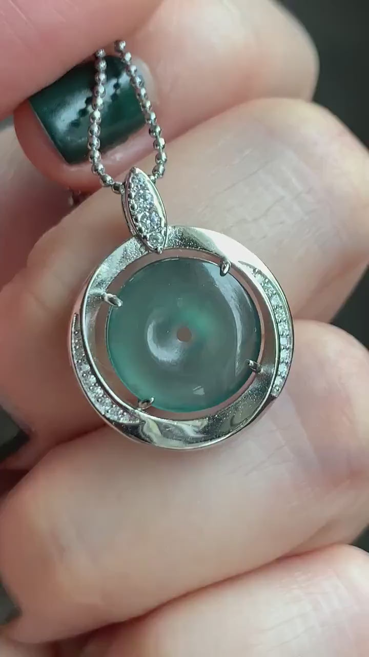 Natural Guatemalan Icy Translucent Teal Blue Jadeite Mini Ping An Kou Donut Pendant S925 Sterling Silver 天然冰危蓝翡翠迷你平安扣银镶吊坠