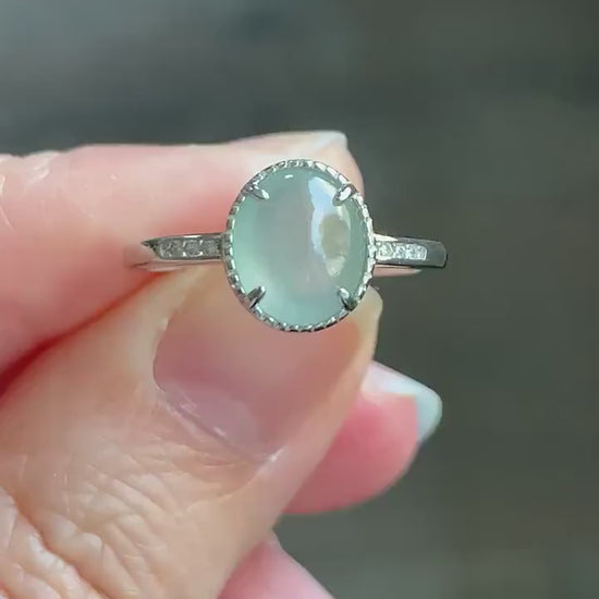 Natural Burmese Icy Highly Translucent Light Green Jadeite Ring Sterling Silver Size 7 Adjustable 天然缅甸冰淡晴底翡翠蛋面银镶戒指 221G