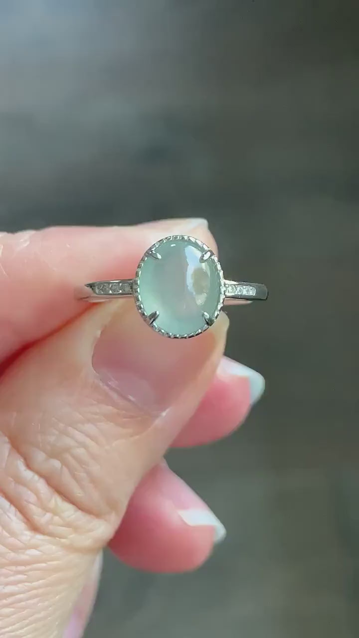 Natural Burmese Icy Highly Translucent Light Green Jadeite Ring Sterling Silver Size 7 Adjustable 天然缅甸冰淡晴底翡翠蛋面银镶戒指 221G