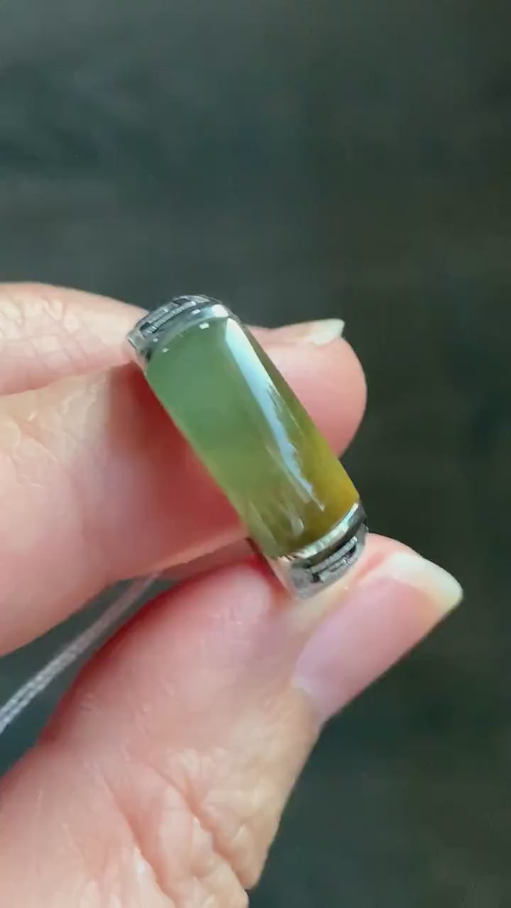 Certified Natural Guatemalan Dark Teal Blue & Yellow Marbled Jadeite Saddle Band Ring Size 7.25 Sterling Silver 8.48g 天然冰胶危蓝加黄翡翠马鞍银镶戒指 1462