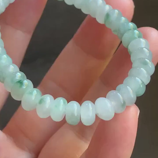Natural Burmese Icy Translucent Light Green Teal Green Marbled Jadeite Drum Beads Beaded Bracelet Stretchy 6” 15g 天然缅甸冰胶晴色飘花翡翠鼓珠手串 DH919