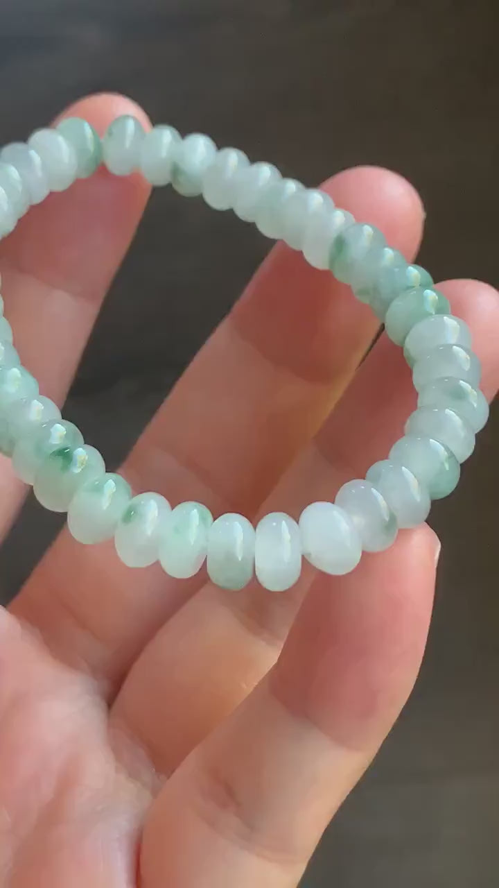 Natural Burmese Icy Translucent Light Green Teal Green Marbled Jadeite Drum Beads Beaded Bracelet Stretchy 6” 15g 天然缅甸冰胶晴色飘花翡翠鼓珠手串 DH919