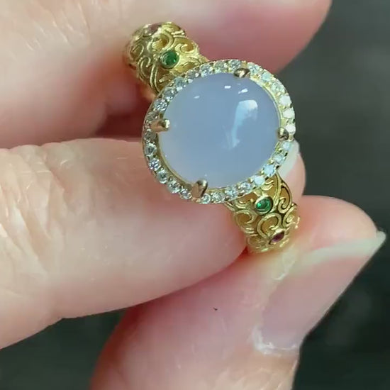Natural Burmese Icy Translucent Gelatinous Light Purple Jadeite Ring S925 Sterling Silver Size Adjustable 天然缅甸冰淡紫翡翠银镶戒指 MZ100