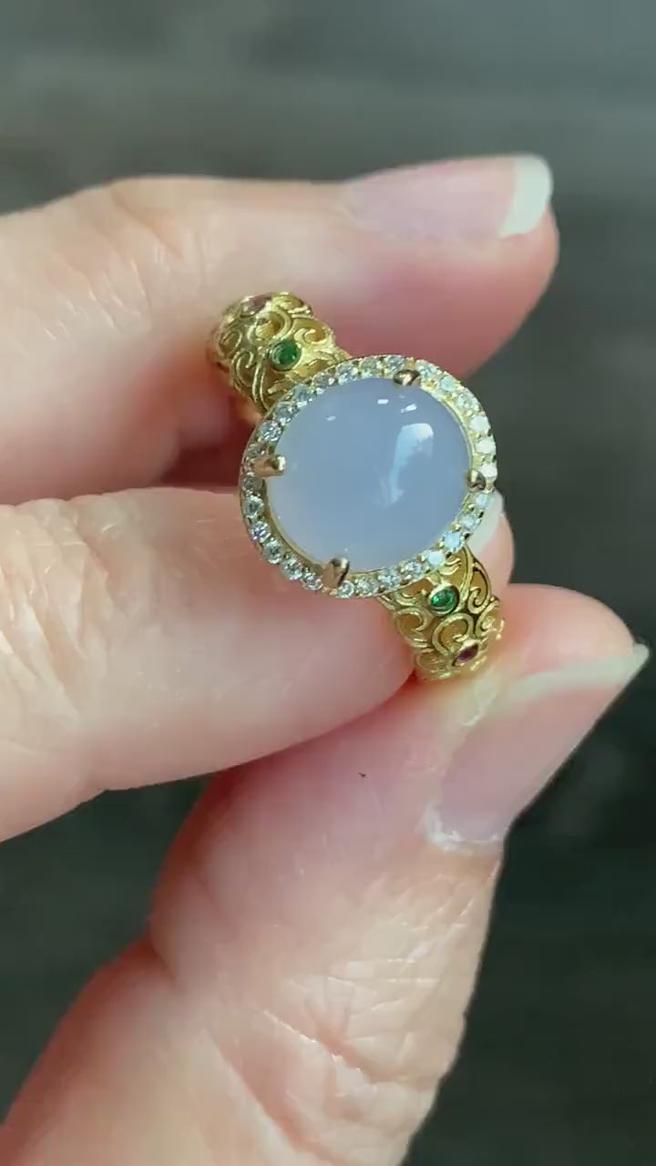 Natural Burmese Icy Translucent Gelatinous Light Purple Jadeite Ring S925 Sterling Silver Size Adjustable 天然缅甸冰淡紫翡翠银镶戒指 MZ100