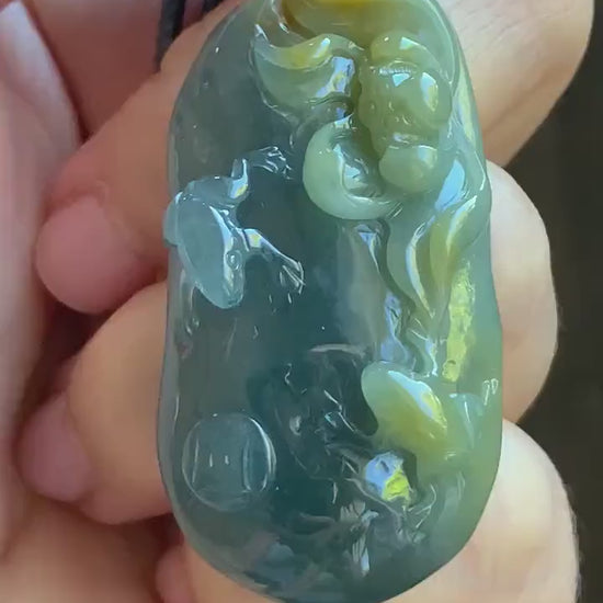 Natural Guatemalan Icy Translucent Dark Blue Rich Yellow Marbled Jadeite Lotus Flower & Frogs Pendant Rope Necklace 26” 22g 天然冰危蓝加黄翡翠莲花青蛙吊坠