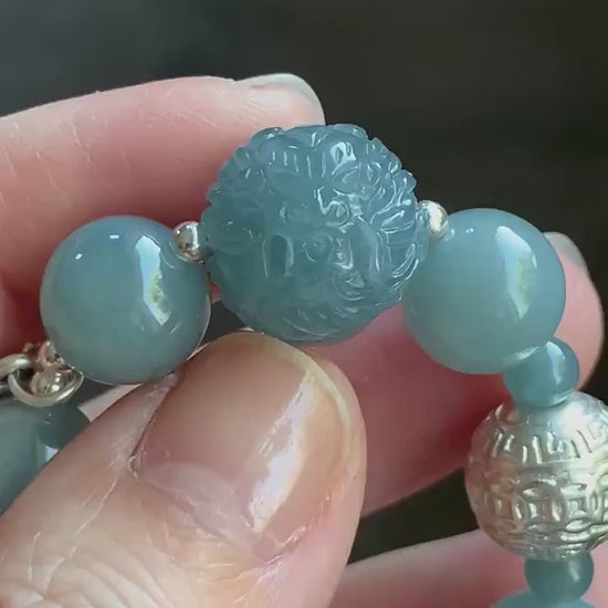Natural Guatemalan Icy Translucent Light Dusty Blue Jadeite Dragon Bead Beaded Bracelet Sterling Silver 7.25” 11mm 40g 天然冰危浅蓝翡翠龙珠手串 QLZ315Q