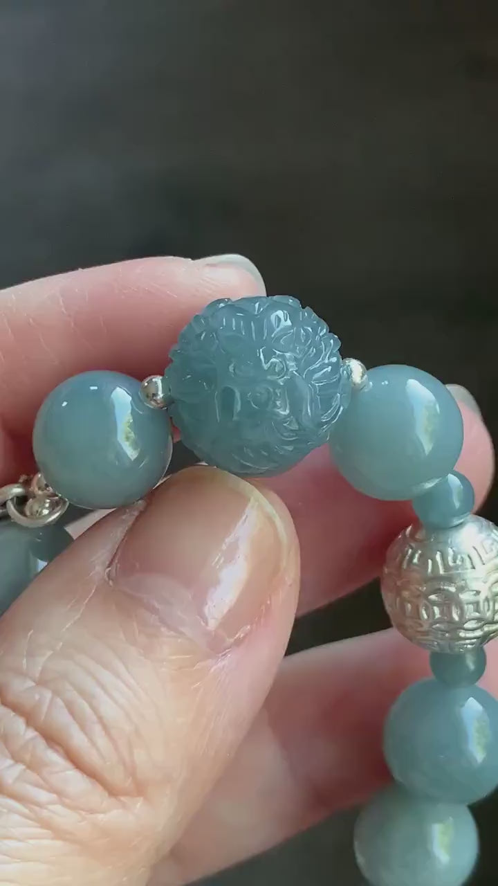 Natural Guatemalan Icy Translucent Light Dusty Blue Jadeite Dragon Bead Beaded Bracelet Sterling Silver 7.25” 11mm 40g 天然冰危浅蓝翡翠龙珠手串 QLZ315Q