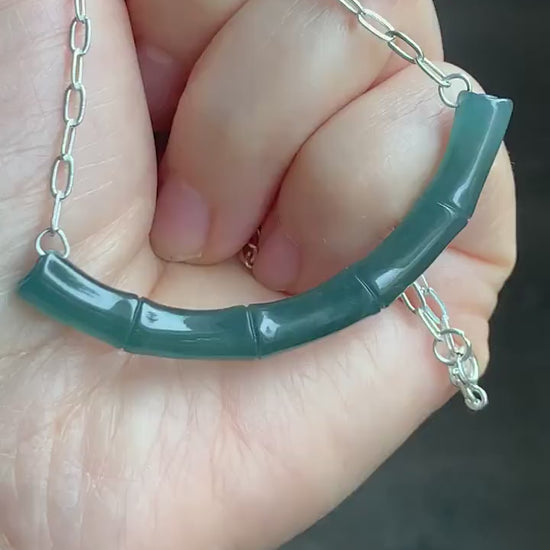 Natural Guatemalan Icy Translucent Deep Blue Jadeite Bamboo Crescent Pendant 999 Sterling Silver Necklace 20” Adjustable 天然冰胶危料深蓝水翡翠竹节玉横足银项链