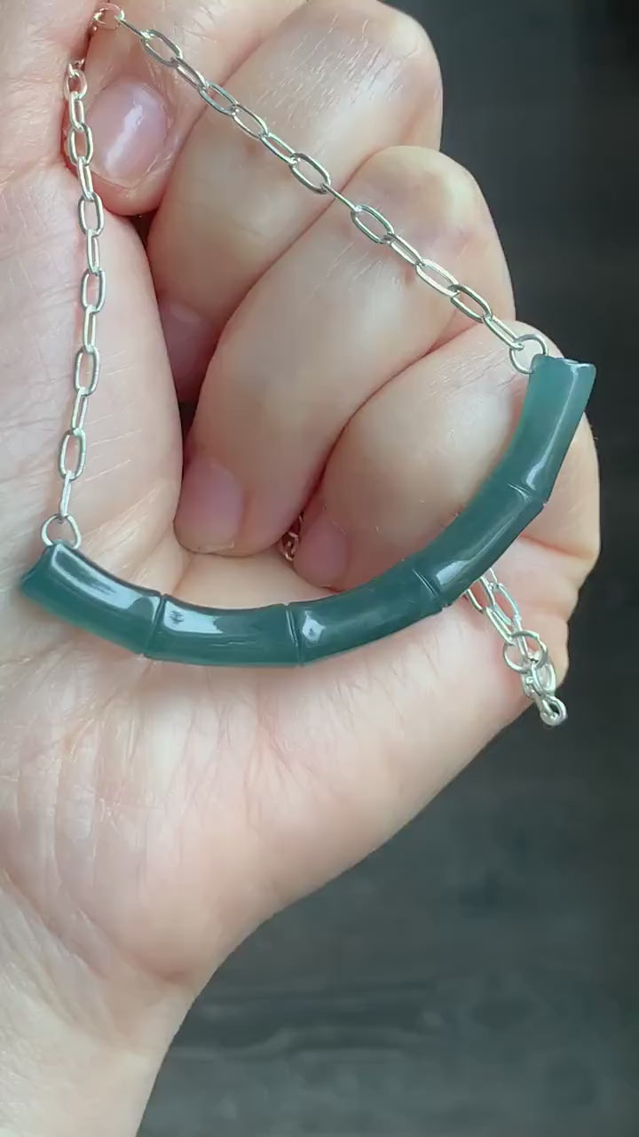 Natural Guatemalan Icy Translucent Deep Blue Jadeite Bamboo Crescent Pendant 999 Sterling Silver Necklace 20” Adjustable 天然冰胶危料深蓝水翡翠竹节玉横足银项链
