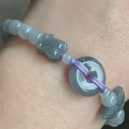 Natural Burmese Icy Translucent Wuji Jadeite Ping An Kou Donut w/  Butterfly & Tulip Charms Beaded Bracelet 天然缅甸冰乌鸡翡翠平安扣手串