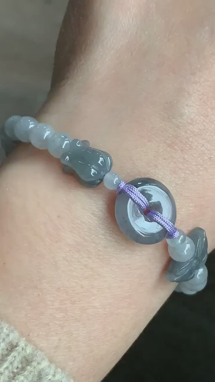Natural Burmese Icy Translucent Wuji Jadeite Ping An Kou Donut w/  Butterfly & Tulip Charms Beaded Bracelet 天然缅甸冰乌鸡翡翠平安扣手串
