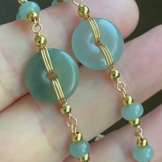 Natural Guatemalan Icy Translucent Light Blue Jadeite Ping An Kou Donut Chain Bracelet 14K Gold Plated Adjustable 7.75” 天然冰危蓝翡翠平安扣14K包金手链