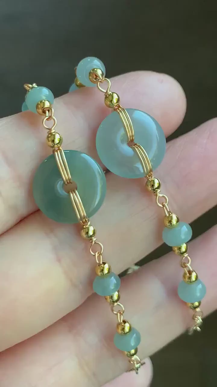 Natural Guatemalan Icy Translucent Light Blue Jadeite Ping An Kou Donut Chain Bracelet 14K Gold Plated Adjustable 7.75” 天然冰危蓝翡翠平安扣14K包金手链