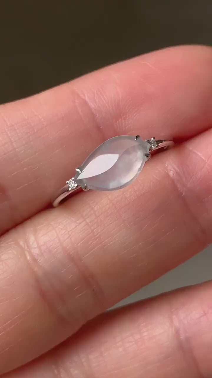 Certified 18K White Gold Burmese MuNa Premium Icy White Jadeite in Horse Eye Cut Ring with Diamonds Sz 7 天然缅甸木纳雪花棉翡翠马眼镶嵌戒指