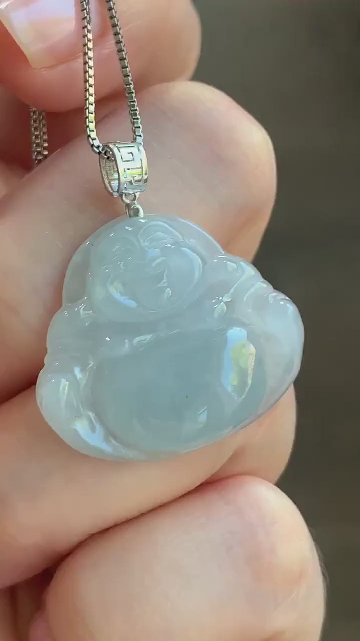 Certified Natural Burmese Icy Translucent Pale Blue Jadeite Carved Buddha Pendant 18K White Gold 天然缅甸冰淡蓝翡翠佛公镶嵌吊坠 3011