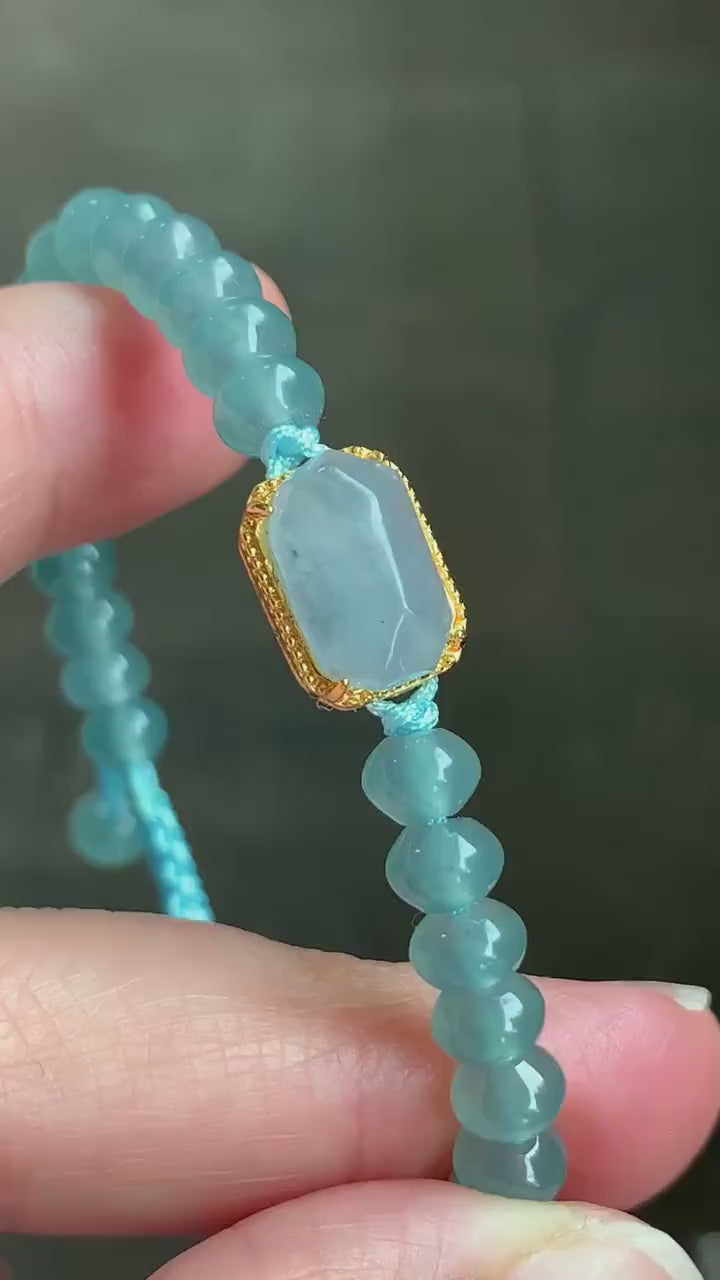 Natural Guatemalan Icy Highly Translucent Light Blue Faceted Jadeite Sterling Silver Charm Drum Beads Bracelet 6.75” 天然冰危浅蓝翡翠切割面蛋面鼓珠手串