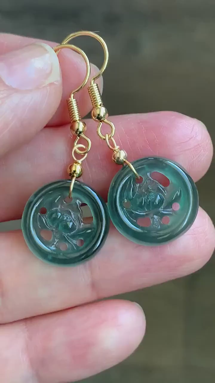 June Special! Natural Guatemalan Icy Highly Translucent Dark Teal Green Jadeite Lotus Flower Dangle Earrings 14K Gold Plated 天然冰危蓝绿翡翠莲花牌包金耳吊