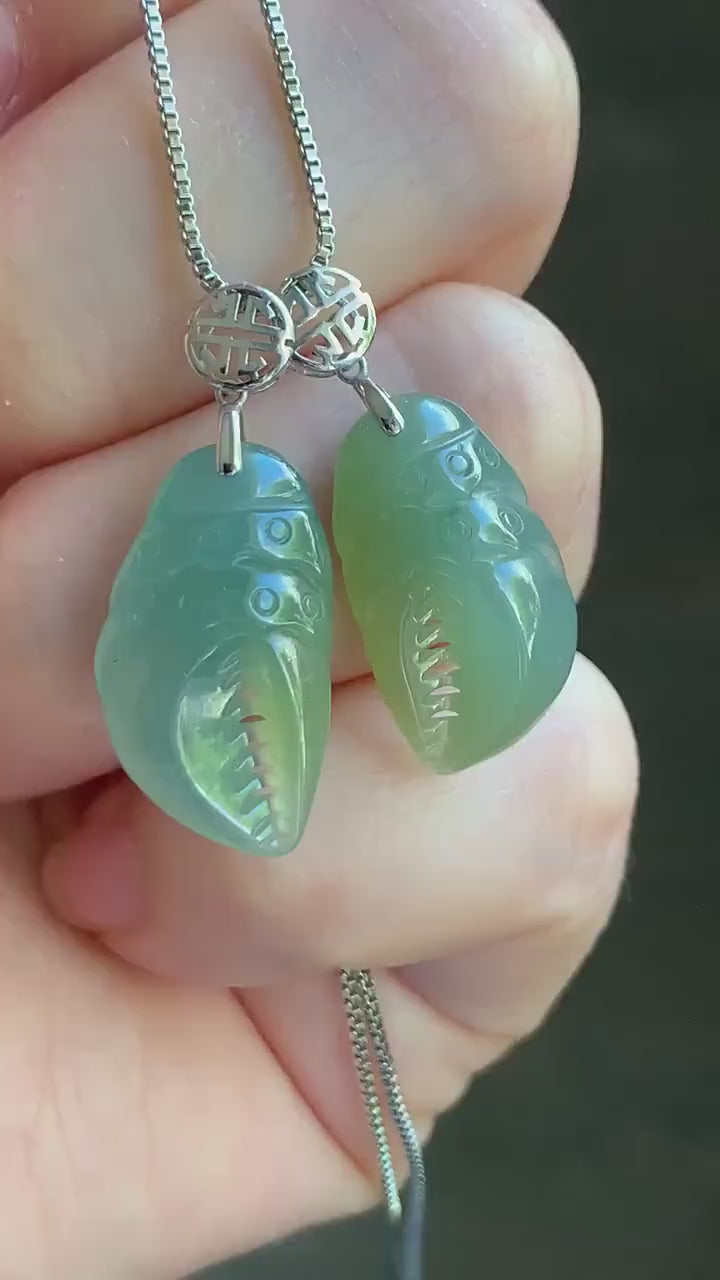 Natural Guatemalan Icy Translucent Dusty Blue & Yellow Jadeite Crab Claw Pendant 18K White Gold Bail 天然冰危蓝加黄翡翠蟹钳镶嵌吊坠