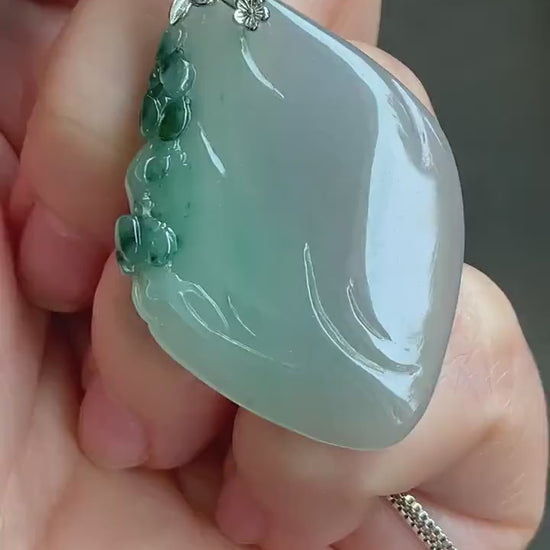Certified Natural Burmese Icy Translucent Gelatinous Green Marbled Jadeite Diamond Pendant w/ Cherry Blossoms Sterling Silver 天然缅甸冰晴飘绿花翡翠吊坠
