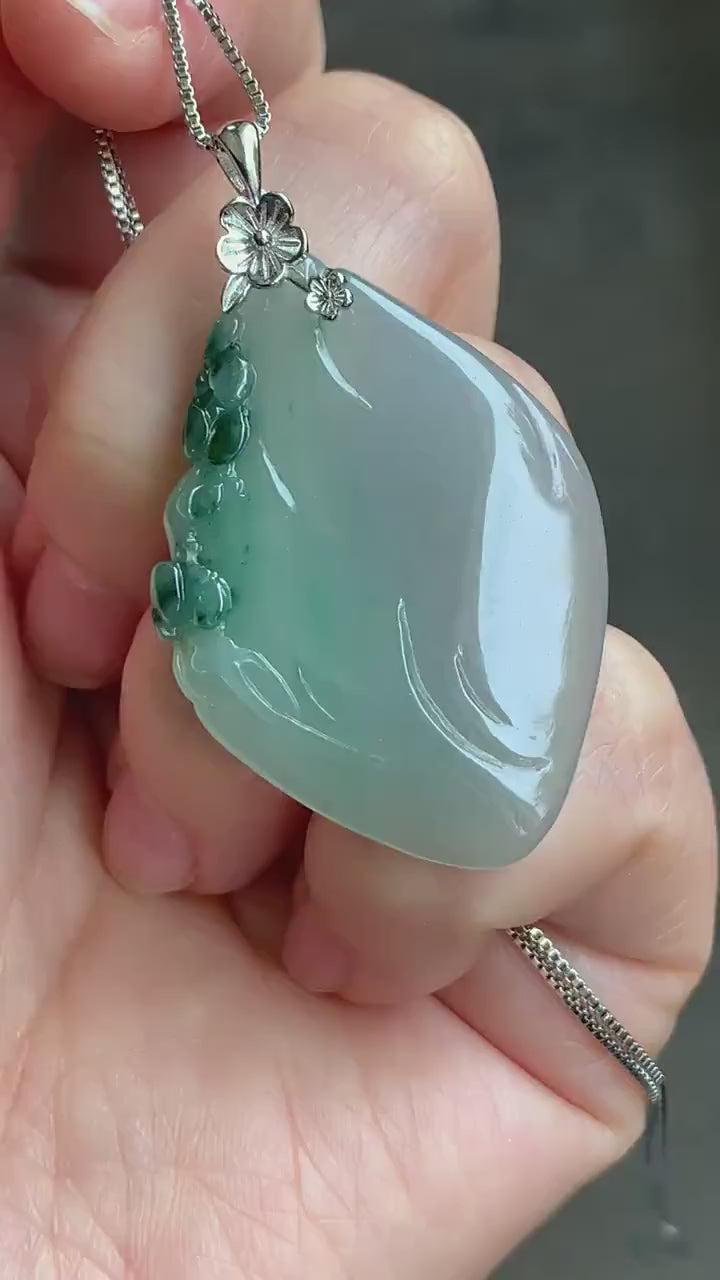 Certified Natural Burmese Icy Translucent Gelatinous Green Marbled Jadeite Diamond Pendant w/ Cherry Blossoms Sterling Silver 天然缅甸冰晴飘绿花翡翠吊坠