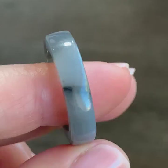 Natural Burmese Icy Translucent Gelatinous Light Gray Wuji Marbled Jadeite Square Edged Band Ring Size 9 5g 天然缅甸冰胶乌鸡翡翠角戒戒圈 MJW529